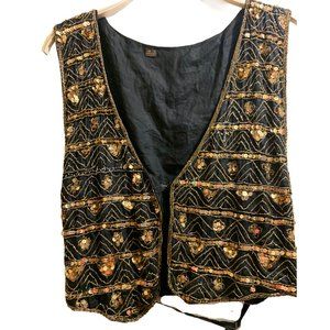 Vintage 100% Silk Black & Gold Sequin Vest | Handmade Embellished Boho Waistcoat